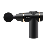 Black massage gun with gold accents on a white background