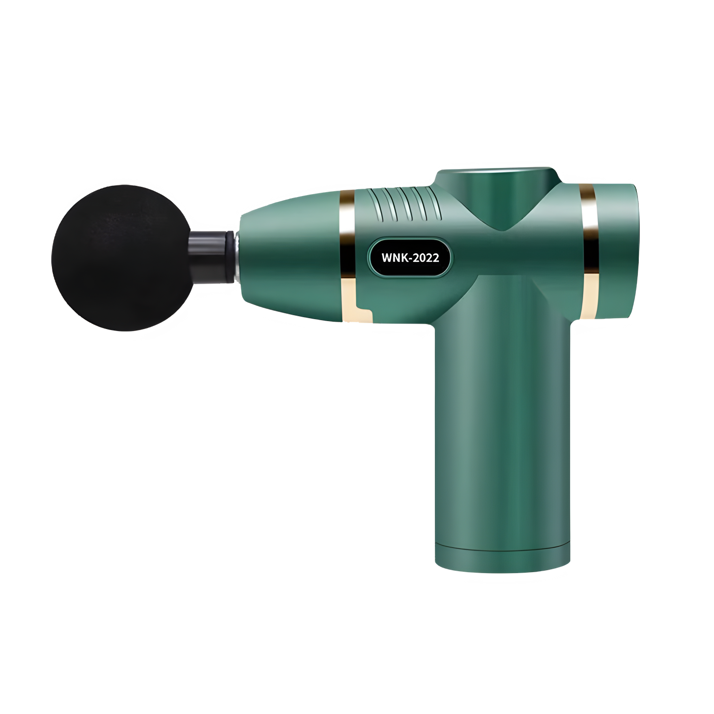 Green massage gun with black head on a white background