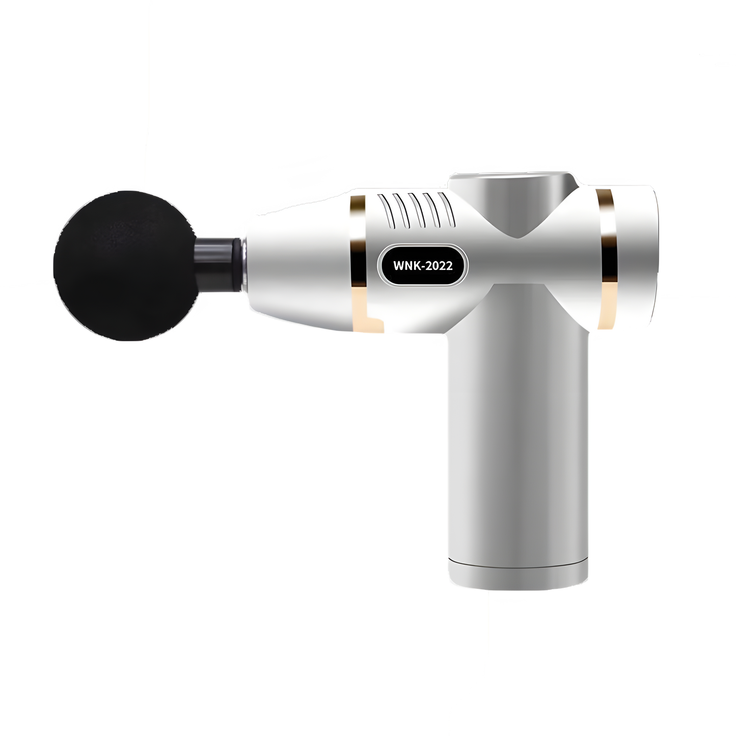 Massage gun with black head and silver body on a white background