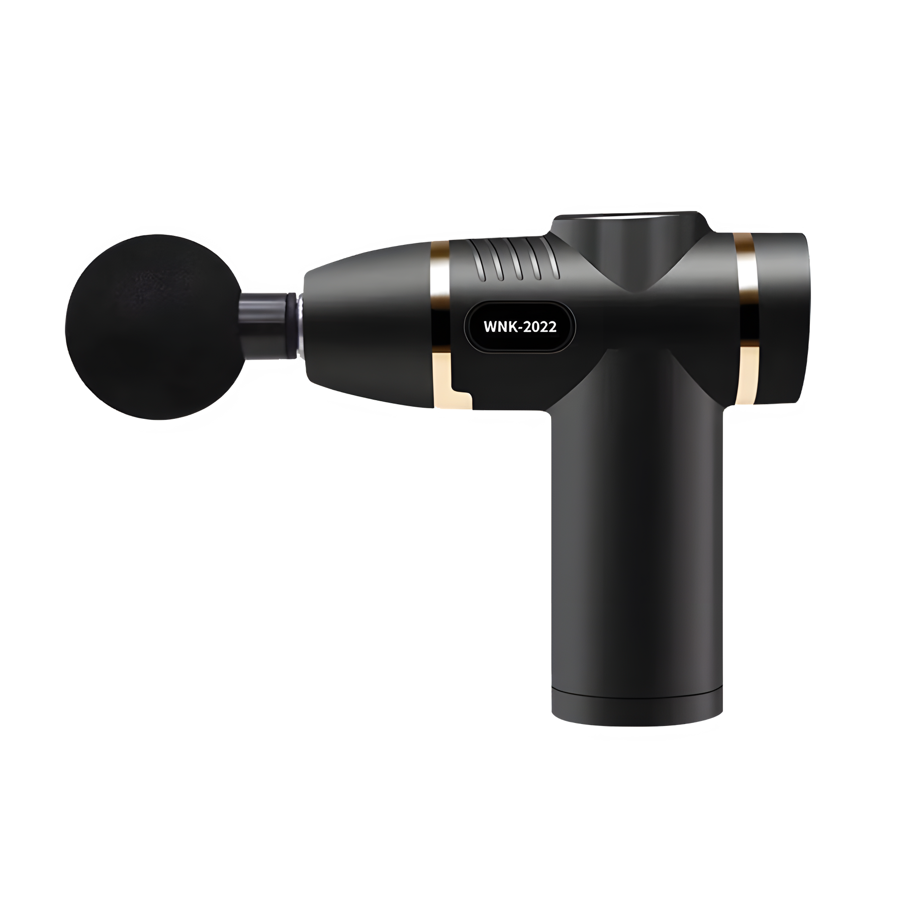 Black massage gun with gold accents on a white background