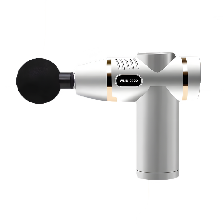 Massage gun with black head and silver body on a white background